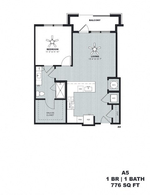 Floor plan for 1 bed, 1 bath, 776 sqft
